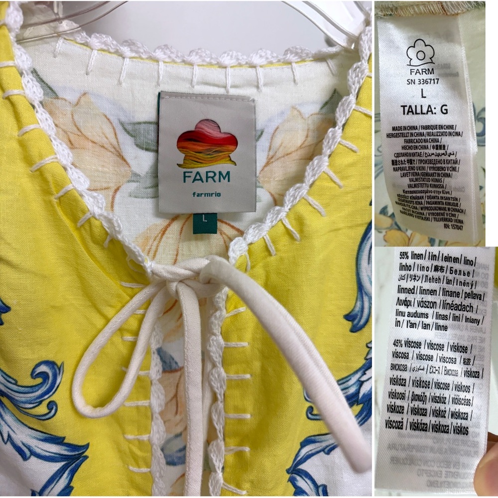 Farm Rio Sicily Scarf Lemon Print Mini Dress Yellow Fruit Floral Linen L - Picture 3 of 16